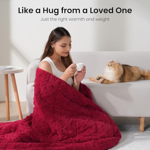 Image of 15 lbs Weighted Blanket for Adults, Dual Sided Soft Fuzzy Sherpa Weighted Blankets Full Size with Jacquard Pattern, Cozy Winter Weighted Blanket for Sofa Bed, Ceramic Beads, 48 x 72 inches, Red