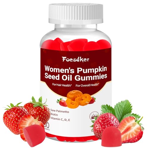Foesdker Womens Hair Health Pumpkin Seed Oil Gummies with Saw Palmetto Biotin Vitamin C D E for Hair & Skin & Daily Overall Health Strawberry Flavor 60 Count