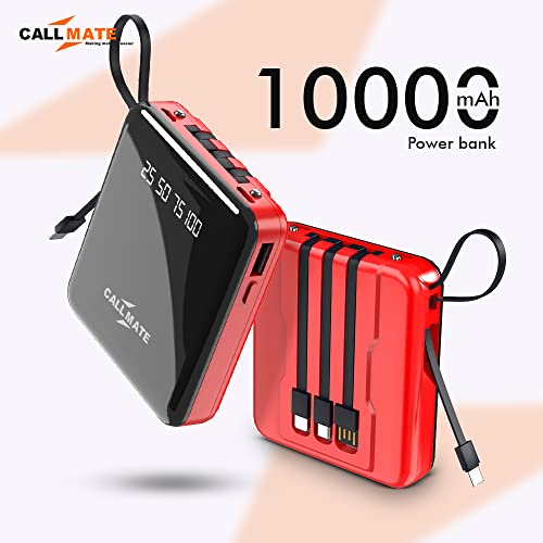 Image of CALL MATE DX03 Power Bank 10000mAh Li-Polymer with 2.4 Fast Charging with 1 USB Port and 2 Input (Micro, Type C),Semi Digital Battery Indicator, in-Built 3 in 1 Detachable Cable (Red)