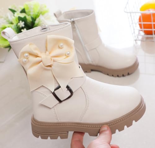 Girls Waterproof Bowknot Side Zipper Mid Calf Warm Winter Fur Lined Tall Boots for Toddler/Little Kid3
