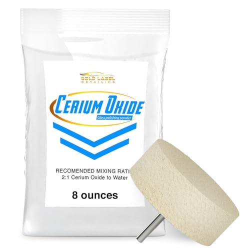 Gold Label Detailing Optical Grade Cerium Oxide 8oz Glass Repair Powder | Glass Window and Windshield Repair | Optical Grade for use with Camera Scope Binocular Lens (8oz with 3 Felt Bob Wheel)