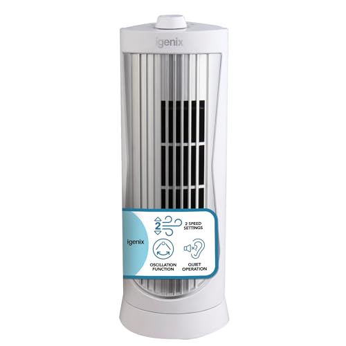 Igenix 12 Mini Tower Fan Compact Oscillating Desk Fan with 2 Speed Settings Quiet Operation Easy-Carry Handle Ideal for Home Office Bedside & Desktop Use White DF0020WH