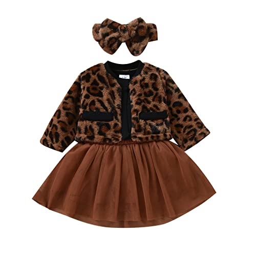 Image of Infant Toddler Baby Girl Clothes Short Sleeve Bodysuit Romper+Tutu Skirt+Leopard Print Jacket Coat+Headband Outfits 4pcs