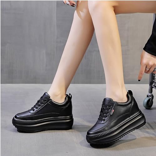 JAOOUU Damen Sneaker mit Keilabsatz Bequeme Turnschuhe mit Wedges aus Leder Modische Plateausohle Innere 9CM Erhöhung Schuhe für Frauen Freizeitschuhe - Afbeelding 5