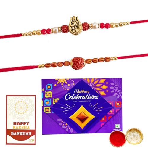 Image of Maalpani Rakhi and Chocolate Hamper - Designer Diamond Rakhi Set of 2 with Cadbury Celebration Chocolates | Raksha Bandhan Gift for Brother with Roli Tika
