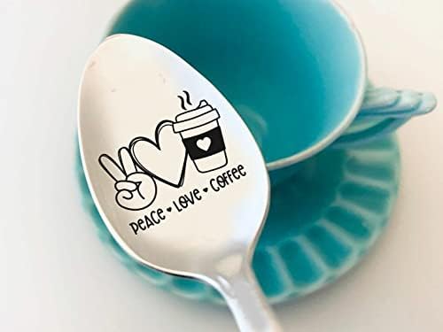 HappyBeeCo Peace Love coffee spoons with messages coffee spoon engraved coffee spoon engraved spoons him / her spoons with sayings funny spoon espresso spoon, Silver, 7 Inches (A4)