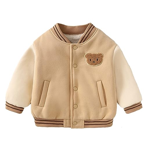 Boys Girls Cute Bear Baseball Jacket Toddler Kids Spring Fall Fleece Lined Long Sleeve Outerwear with Pockets