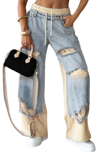 Women’s Vintage Distressed Baggy Denim Pants Contrast High Waist Patchwork Ripped Jeans Elastic Wide Leg Trousers Street