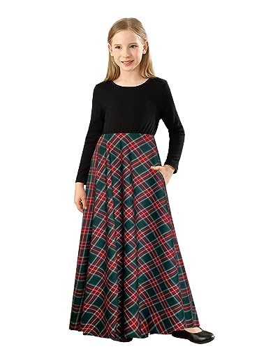 Image of KYMIDY Girl Maxi Dress Kids Casual Buffalo Check Plaid Long Sleeve Dresses with Pockets(6-14yrs)