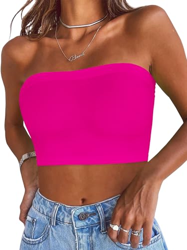 Tube Top for Women Summer Casual Strapless Backless Bandeau Sleeveless Crop Vest Y2K(Rose Red,L)