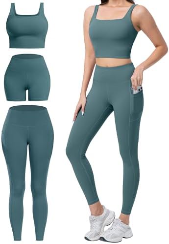 3 Piece Workout Sets for Women High Waisted Leggings with Pockets...