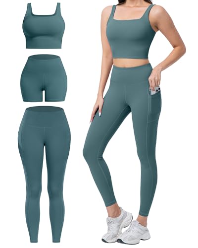 SALSPOR 3 Piece Workout Sets for Women High Waisted Leggings