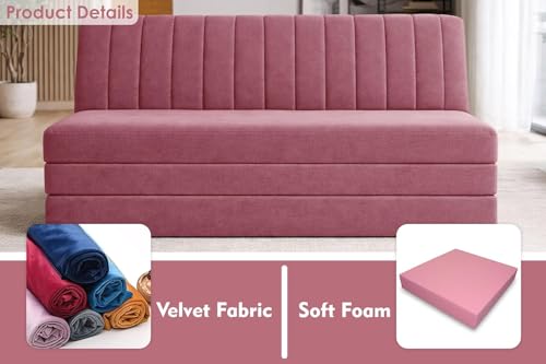 Image of Three-Seater Floor Sofa Bed with Adjustable Backrest, Modern Velvet Fabric Folding Couch for Living Room, Guest Room & Small Spaces-Rose Pink