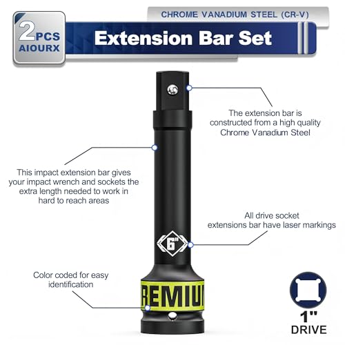 Image of 2 Pcs 1 inch Drive Impact Extension Bar Set, 6 inch & 10 inch Length Socket Extensions, CR-V Steel, Narrow and Deep Areas in Bicycle, Automotive Repair or Industrial Operations