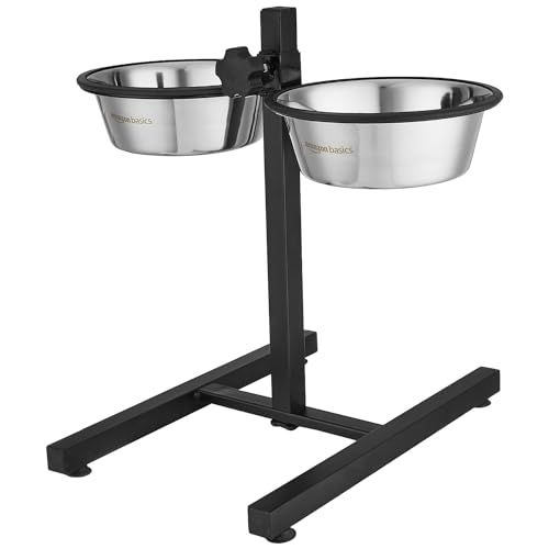 Image of AmazonBasics Pet Training Pads Extra-Large - 60 Pieces & Amazon Basics Adjustable Double Diner for Food and Water| Extra Rubber Support |H-Base and Two Removable Stainless Steel Bowls 2 X 1500 ml