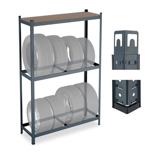 Relaxdays Reifenregal für 8 Reifen, HxBxT: 180 x 120 x 40 cm, 795 kg, Stahl, Stecksystem, Räderregal mit Ablage, grau