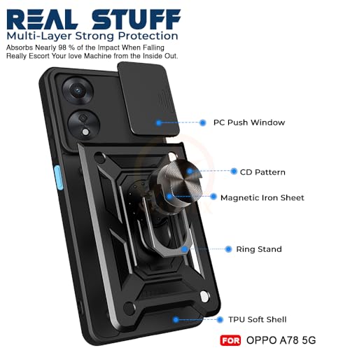 Image of Armor Bumper Back Cover Case for Oppo A78 5G Rotating Camera Cover, Ring Holder & Kickstand | Heavy Duty & 360 Degree Protection Oppo A78 5G Back Cover (Black)