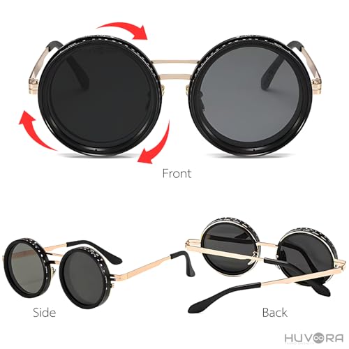 Image of Adjustable Tint Rotating Polarized Round Sunglasses for Men Stylish, Anti Glare Lenses 1-11 Gear UV400 Protection Metal Goggles for Driving Beach Retro Branded Sun Glasses
