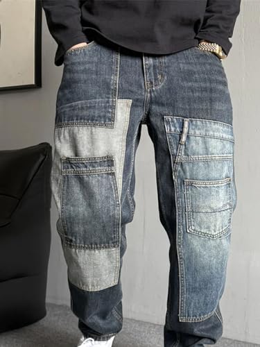 Men’S Hip Hop Trendy Multi Pocket Patchwork Baggy Straight Cotton Skateboard Pants Slim Fit Button Fly Distressed Jeans3