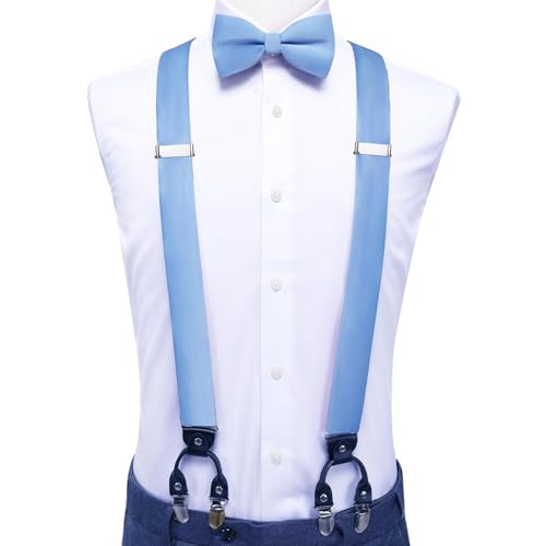 Image of Hi-Tie Men Suspender Bowtie Set Suspenders Pre-tied Bow Tie Pocket Square Cufflinks Adjustable Y Shape 6 Clips Braces Tuxedo