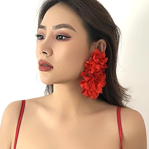 Large Red Flower Earrings for Women Exaggerated Flower Drop Dangle Earrings Fabric Floral Statement Earrings Trendy Party Wedding Jewelry Accessory4