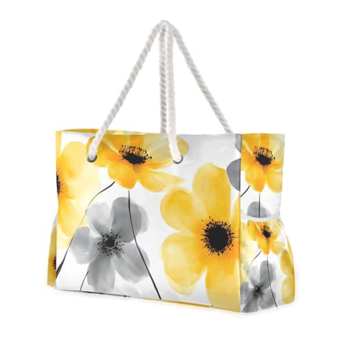 Beach Bag Floral Gray Yellow for Women Large Beach Tote Bag with Zipper for Travel Vacation2