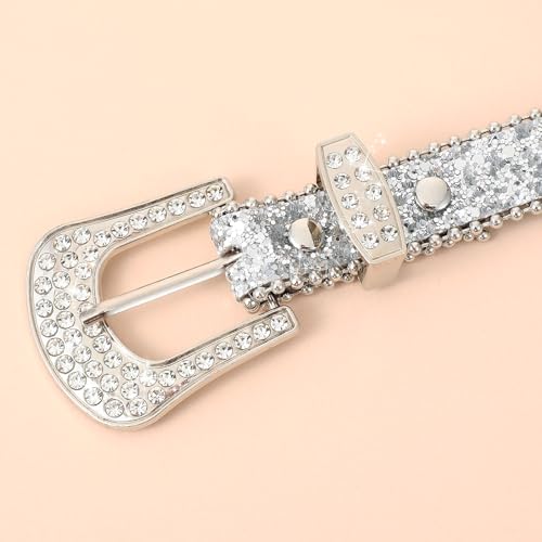 Rhinestone Belts Silver Western Sparkly Belt Cowgirl Cowboy Glitter Crystal Studded Leather Belts Bling Rhinestone Sparkle Belt Diamond for Jeans with Fashion Silver Buckle-41 Inch3
