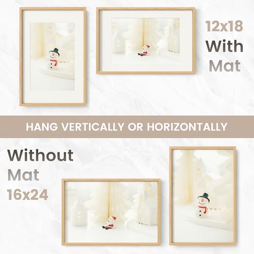 Image of 16x24 Poster Frame, USA-Sourced Natural Oak Wood Picture Collage Frame with HD Tempered Glass, Modern Simple 16 x 24 Wooden Photo Frame Matted to 12x18, Vertical & Horizontal Wall Hanging Display