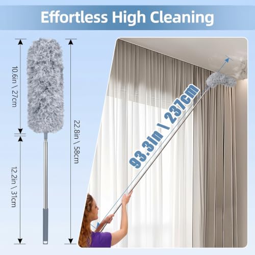 Image of Extendable Microfiber Duster for Ceiling Fans, 100 inch Long Telescoping Duster with Bendable Head, Cobweb Duster Cleaning Tool with Extension Pole for High Ceiling, Blinds, Furniture, Cars