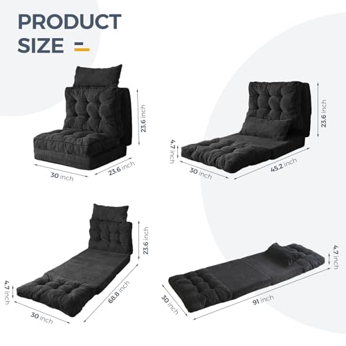 Image of MAXYOYO Folding Sofa Bed, Tufted Bean Bag Bed with Pillows Floor Couch for Adults, Extra Thick and Long Floor Sofa, Single Couch for Bedroom Living Room, Black, 30x91 Inch