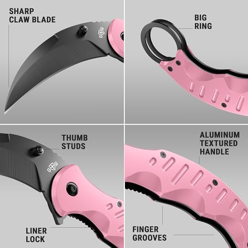 Image of GOOD WORKER Pink Karambit Folding Knife - SharpTiger Claw Blade with Liner Lock and Aluminum Handle - Best Pocket Knives for Military Hunting Camping EDC for Men - Gifts for Women X-42 P
