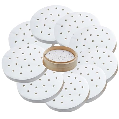 FortuneGlobe 100 Stück perforiertes Papier 20 cm aus Bambus zum Dampfgaren und Dampfgaren 100 Stück Pergamentpapier antihaftbeschichtet wie Dim Sum Luftfritteuse (100pcs 20cm)