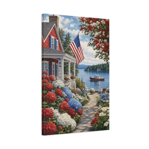 Tableau bord de mer rouge et bleu pour habiller le mur du salon au-dessus du canapé