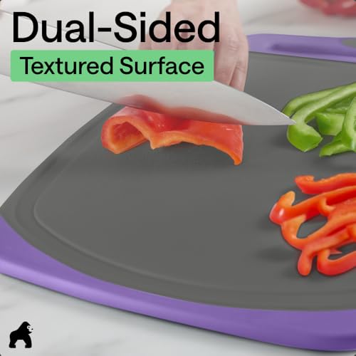 Image of GORILLA GRIP BPA-Free Reversible Kitchen Cutting Board Set of 3, US Designed, Nonporous, Juice Grooves Catch Liquid, Slip Resistant Border, Dishwasher Safe, Durable Food Chopping Boards, Gray Purple