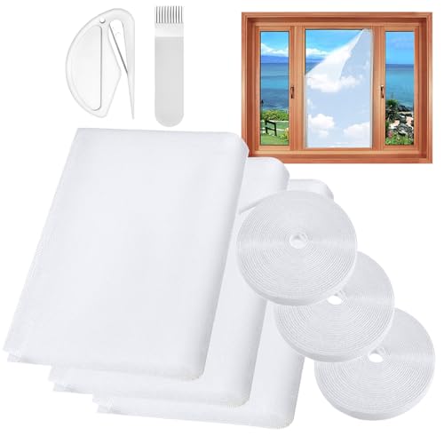 Fly Screens for Windows 3 Pack Self-Adhesives Window Netting for Insects DIY Cut to Size Bug Mosquito Net 130x150CM Window Screen White Window Mesh Insect Screen Curtain Fitted to Multiple Windows