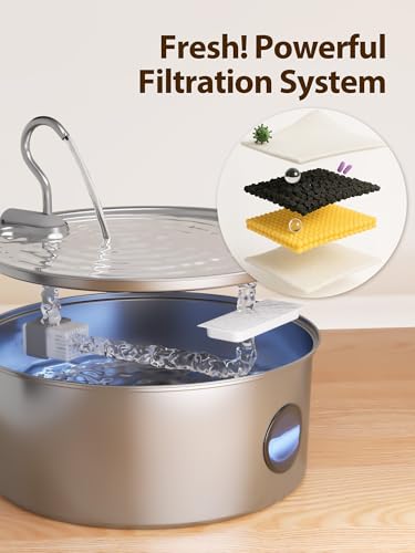 Kittyspout 8L Trinkbrunnen für Hunde, Edelstahl Wasserspender mit großem Sichtfenster und 3 Filtern, Ultra-leise Pumpe, Ideal für große Hunde und mehrere Katzen
