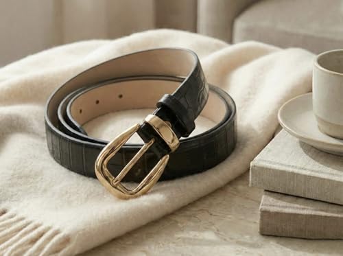 Klasik Altın Tokalı Timsah Derisi Görünümlü İnce Bel Kemeri, Günlük ve Ofis Şıklığı İçin Tasarlanmış Aksesuar - (Siyah, Kahverengi ve Beyaz Seçenekli) (Siyah) - Görsel 3