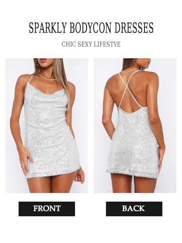 Image of MIYIEONZ Women's Sequin Sparkly Glitter Dress Sexy Sleeveless Backless Spaghetti Strap Party Club Bodycon Mini Dress