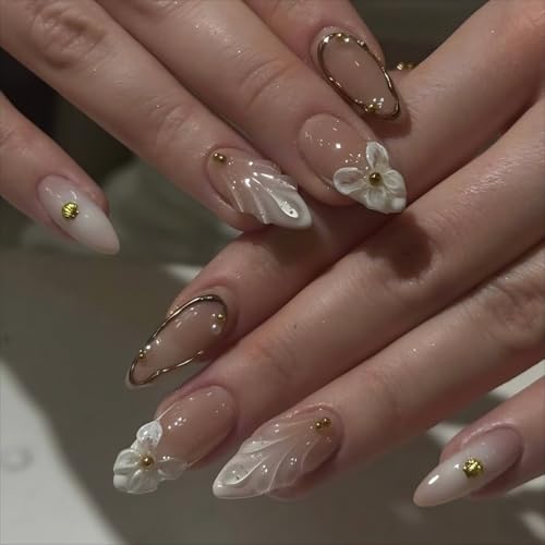 Almond Press on Nails Medium Fake Nails White French Tip False Nails with Stereoscopic Gilding Design Cute Flower Stick on Nails Glossy Acrylic Glue on Nails Artificial Nails for Women Manicure 24Pcs