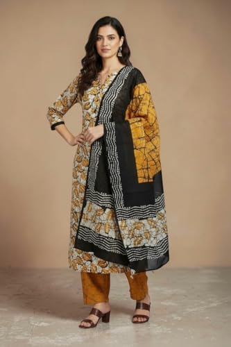 Image of Eddika women unstitched hand block printed cotton suit set with mulmul dupatta ehbpcswmd0120P