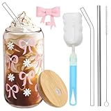Glas Trinkbecher mit Deckel und Strohhalm, 600ml Rosa Schleife Aus Glas mit 1 Becherbürste, 1 Strohhalmkappe mit Schleife, Dosenförmige Smoothie-Eiskaffeegläser, Schleifenbecher für Bubble Tea, Kaffee