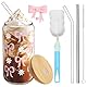 Glas Trinkbecher mit Deckel und Strohhalm, 600ml Rosa Schleife Aus Glas mit 1 Becherbürste, 1 Strohhalmkappe mit Schleife, Dosenförmige Smoothie-Eiskaffeegläser, Schleifenbecher für Bubble Tea, Kaffee