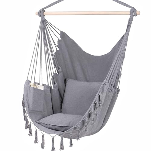 Swtgaah Hängstol med kudde, bekväm hammock fåtölj av segelduk i svart, grå och vit, 200 kg lastkapacitet för inomhus och trädgård (grå)