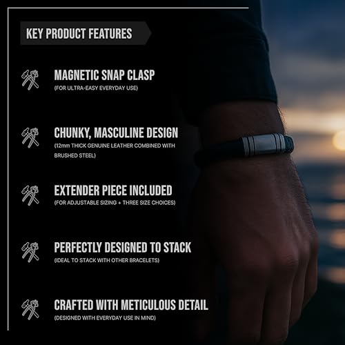 Forge & Foundry Men's Adjustable Black Leather Bracelet | Genuine Woven Leather with Stainless Steel Snap Clasp | Design-Led, Artisan Jewellery from London | Single Strand, Brushed Silver Clasp [Navarro]3