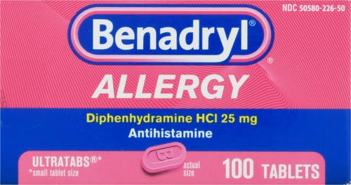 Image of Benadryl Ultratabs Allergy Medicine,25 mg Diphenhydramine HCl Antihistamine Tablets for Cold & Allergy Relief of Symptoms Like Sneezing,Runny Nose,Itchy Eyes & Throat,Hay Fever,100 Count (Pack of 2)