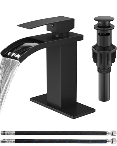 GBBNE Waterfall Bathroom Faucet 1 Hole, Single Hole Bathroom Faucet, Single Handle Vanity Sink Faucet with Deck Plate, Pop-up Drain & Supply Lines, Matte Black