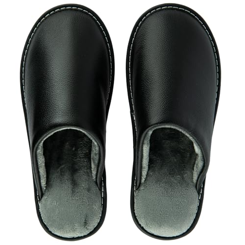 Unisex House Slippers, Genuine Leather Solid Color Minimalist Indoor Slippers, Soft Warm Flannel Lining, Lightweight Comfortable Flexible Anti-Slip Rubber Sole