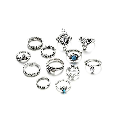 12 Pieces Vintage Women Mid Ring Set Bohemian Joint Knuckle Rhinestone Flower Elephant Nail Ring Set (Silver)