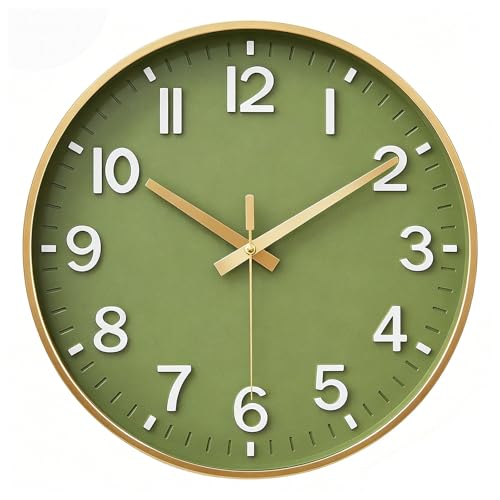 HZDHCLH Wall Clocks Battery Operated,Wall Clock Green Gold,8 inch Wall Clock Silent Non Ticking Modern 3D Numbers for Kitchen Bedroom Living Room Office Classroom Decor