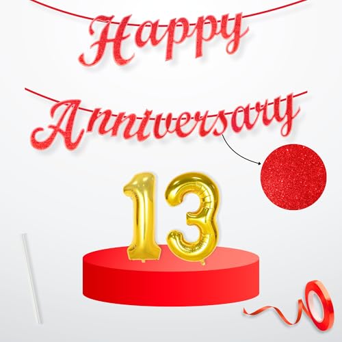 Image of Flyloons 13th Happy Anniversary Banner Red Decorations Kit for Men Women Wedding Anniversary Banner Items without Balloons